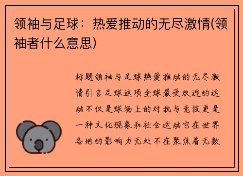 领袖与足球：热爱推动的无尽激情(领袖者什么意思)