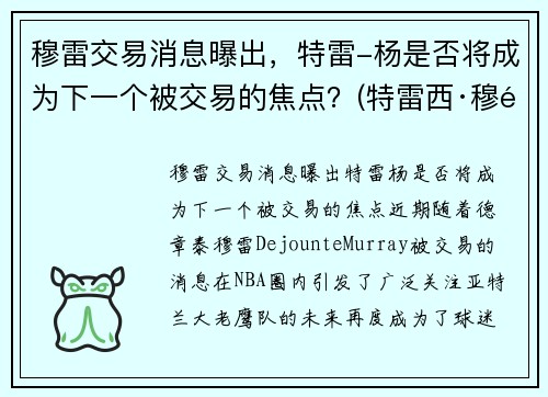 穆雷交易消息曝出，特雷-杨是否将成为下一个被交易的焦点？(特雷西·穆雷)