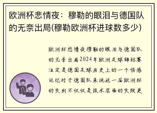 欧洲杯悲情夜：穆勒的眼泪与德国队的无奈出局(穆勒欧洲杯进球数多少)