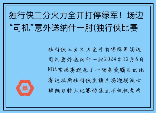 独行侠三分火力全开打停绿军！场边“司机”意外送纳什一肘(独行侠比赛视频)